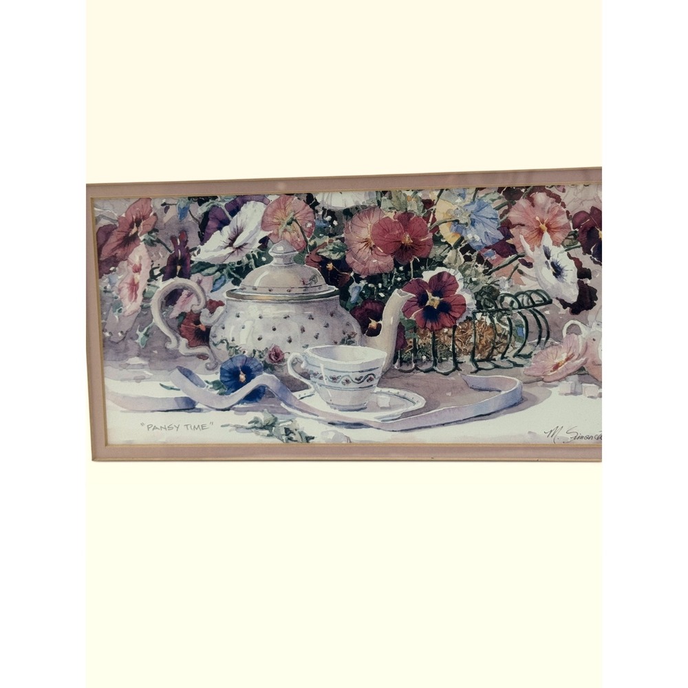 M Simonite Pansy Time Framed Floral Tea Still Life Watercolor Print Gold Frame